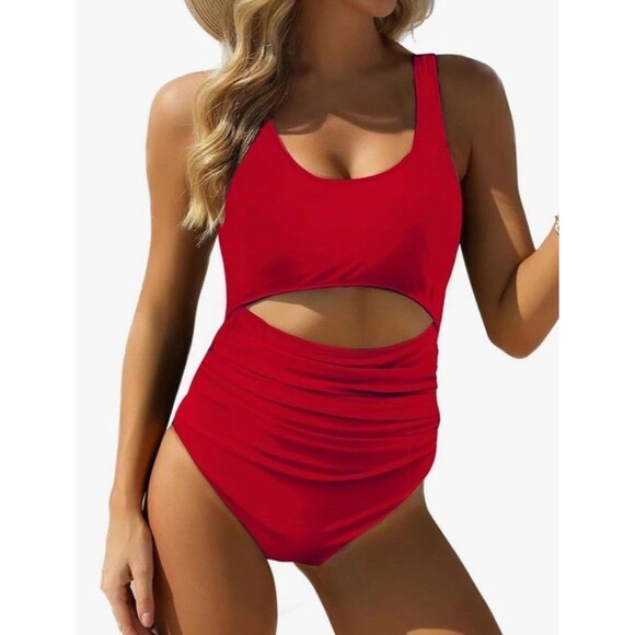 Women Tummy Control One Piece High Waisted Swim Suit Sz Small Red Coastal Beach - Picture 1 of 5